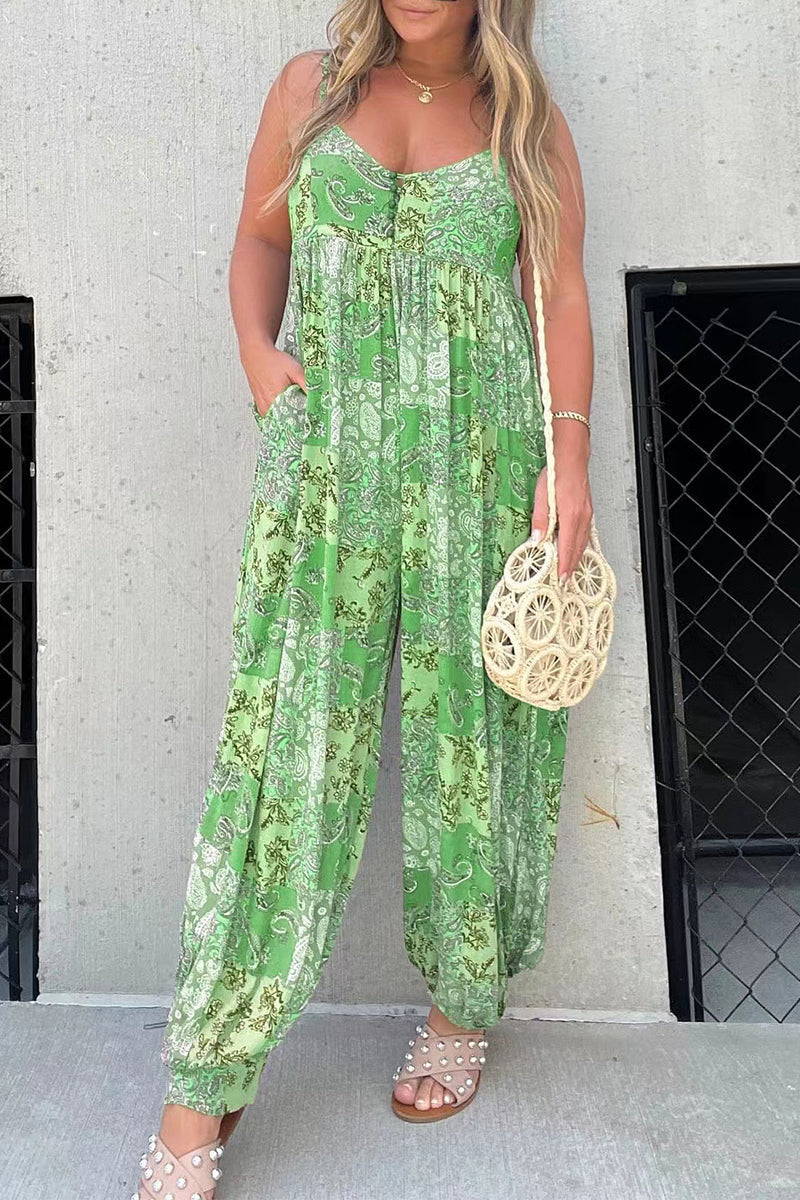 Floral V-Ausschnitt Tasche locker sitzende Jumpsuits