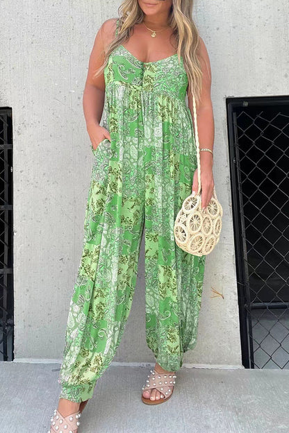 Floral V-Ausschnitt Tasche locker sitzende Jumpsuits