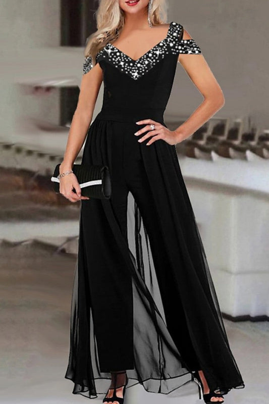 Casual V-Ausschnitt Patchwork-Druck Jumpsuits