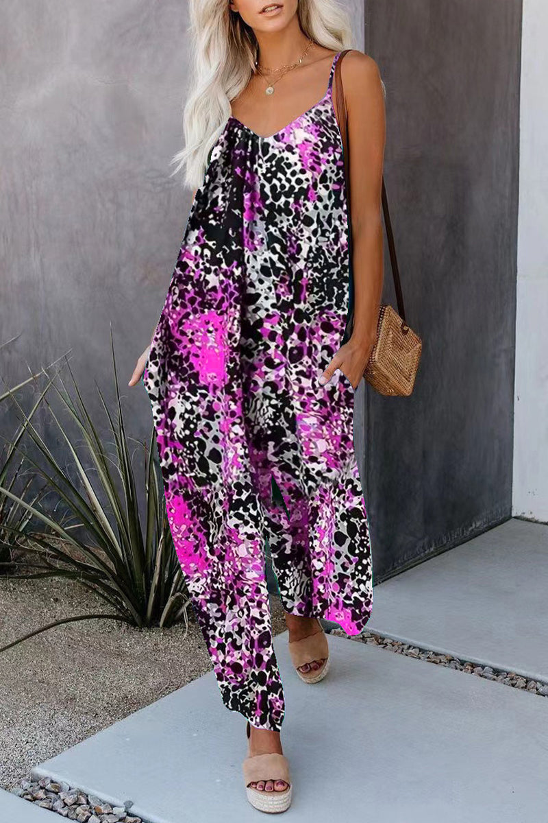 Casual Street Print Tasche mit V-Ausschnitt Lose Jumpsuits