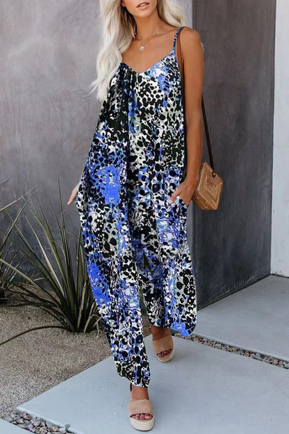 Casual Street Print Tasche mit V-Ausschnitt Lose Jumpsuits
