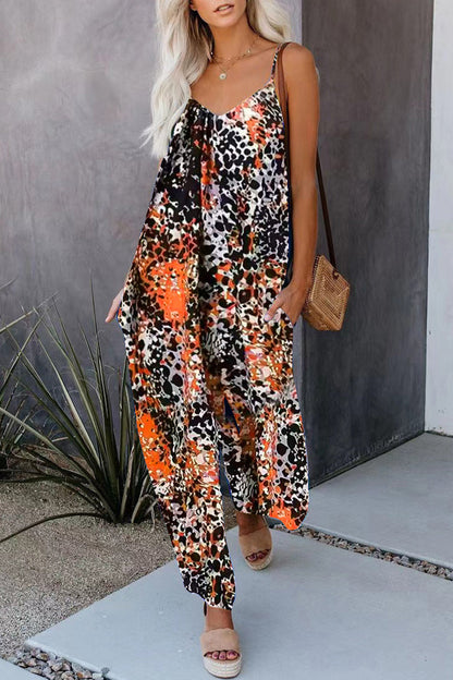 Casual Street Print Tasche mit V-Ausschnitt Lose Jumpsuits