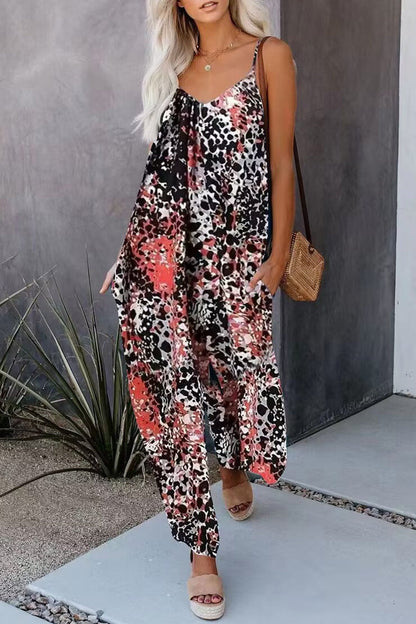 Casual Street Print Tasche mit V-Ausschnitt Lose Jumpsuits