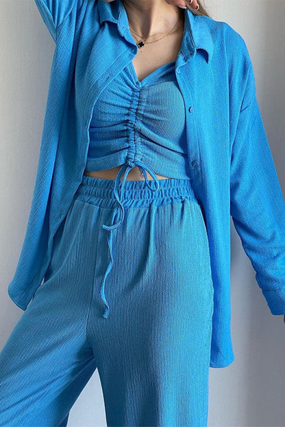 Casual Solid Draw String Fold Turndown Collar Long Sleeve Three-Piece (Shirt Vest Trousers)