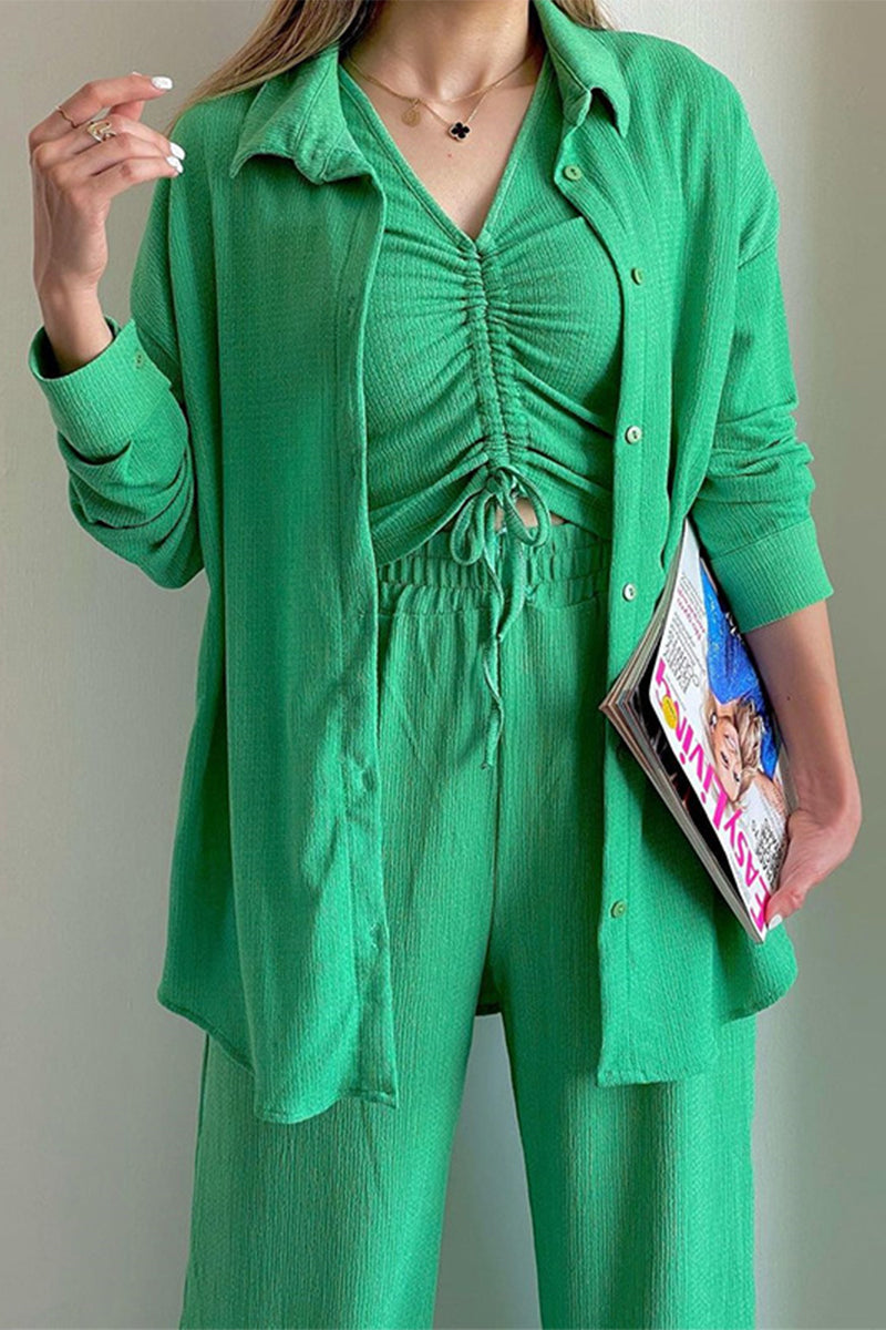 Casual Solid Draw String Fold Turndown Collar Long Sleeve Three-Piece (Shirt Vest Trousers)