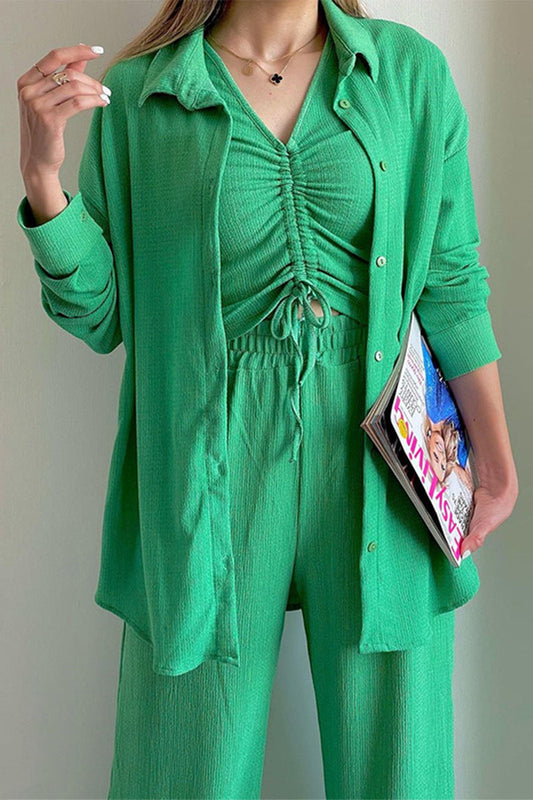 Casual Solid Draw String Fold Turndown Collar Long Sleeve Three-Piece (Shirt Vest Trousers)
