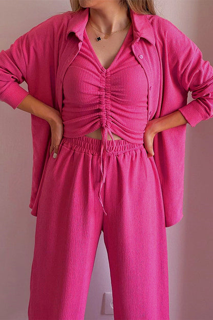Casual Solid Draw String Fold Turndown Collar Long Sleeve Three-Piece (Shirt Vest Trousers)