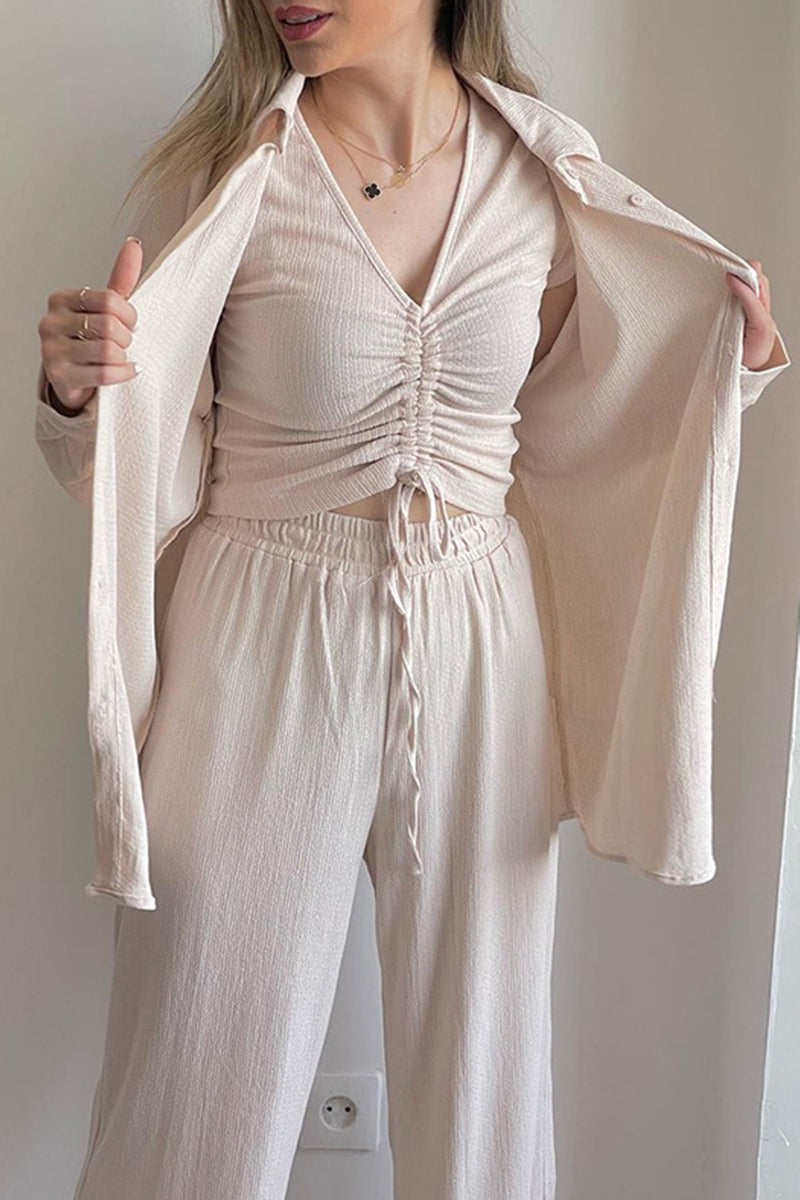 Casual Solid Draw String Fold Turndown Collar Long Sleeve Three-Piece (Shirt Vest Trousers)