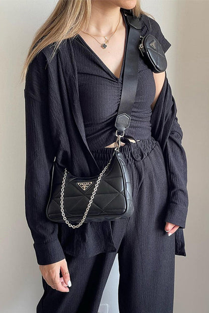 Casual Solid Draw String Fold Turndown Collar Long Sleeve Three-Piece (Shirt Vest Trousers)