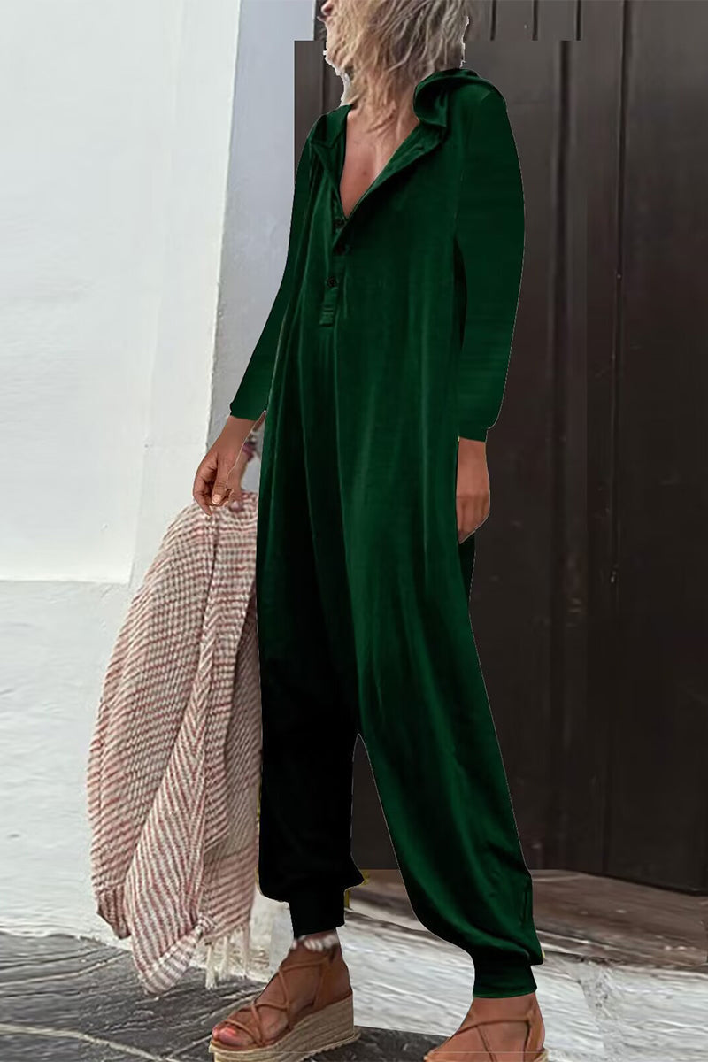 Casual Solid Buttons Hooded Collar Loose Jumpsuits (8 Farben)
