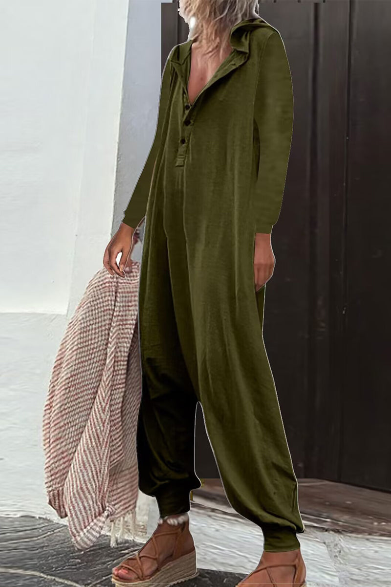 Casual Solid Buttons Hooded Collar Loose Jumpsuits (8 Farben)