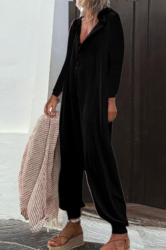 Casual Solid Buttons Hooded Collar Loose Jumpsuits (8 Farben)