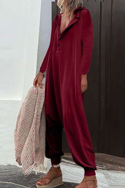 Casual Solid Buttons Hooded Collar Loose Jumpsuits (8 Farben)