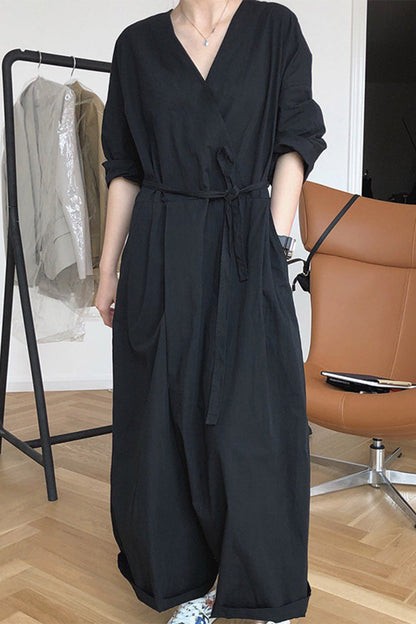 College-Jumpsuits mit festem Kragen und lockerem V-Ausschnitt