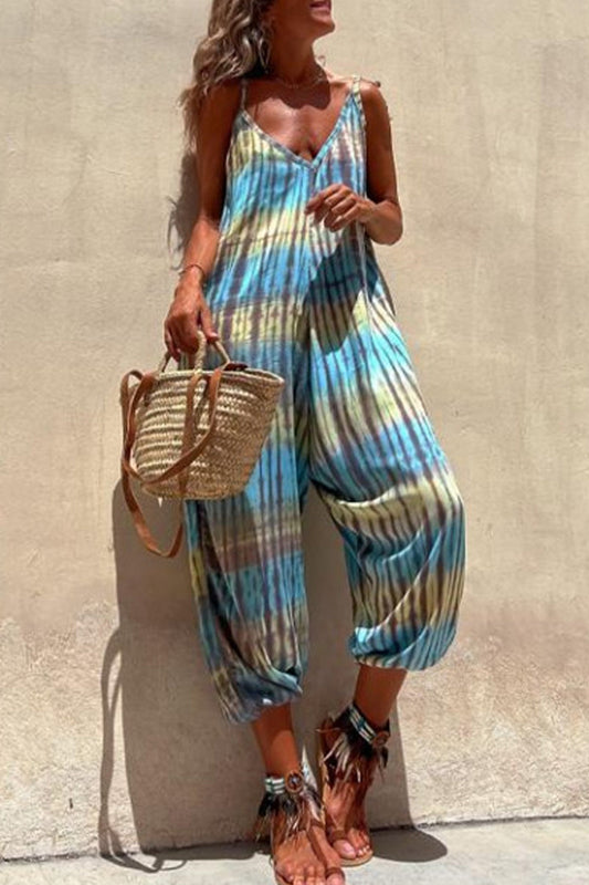College-Druck Tasche V-Ausschnitt lose Jumpsuits