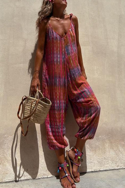 College-Druck Tasche V-Ausschnitt lose Jumpsuits