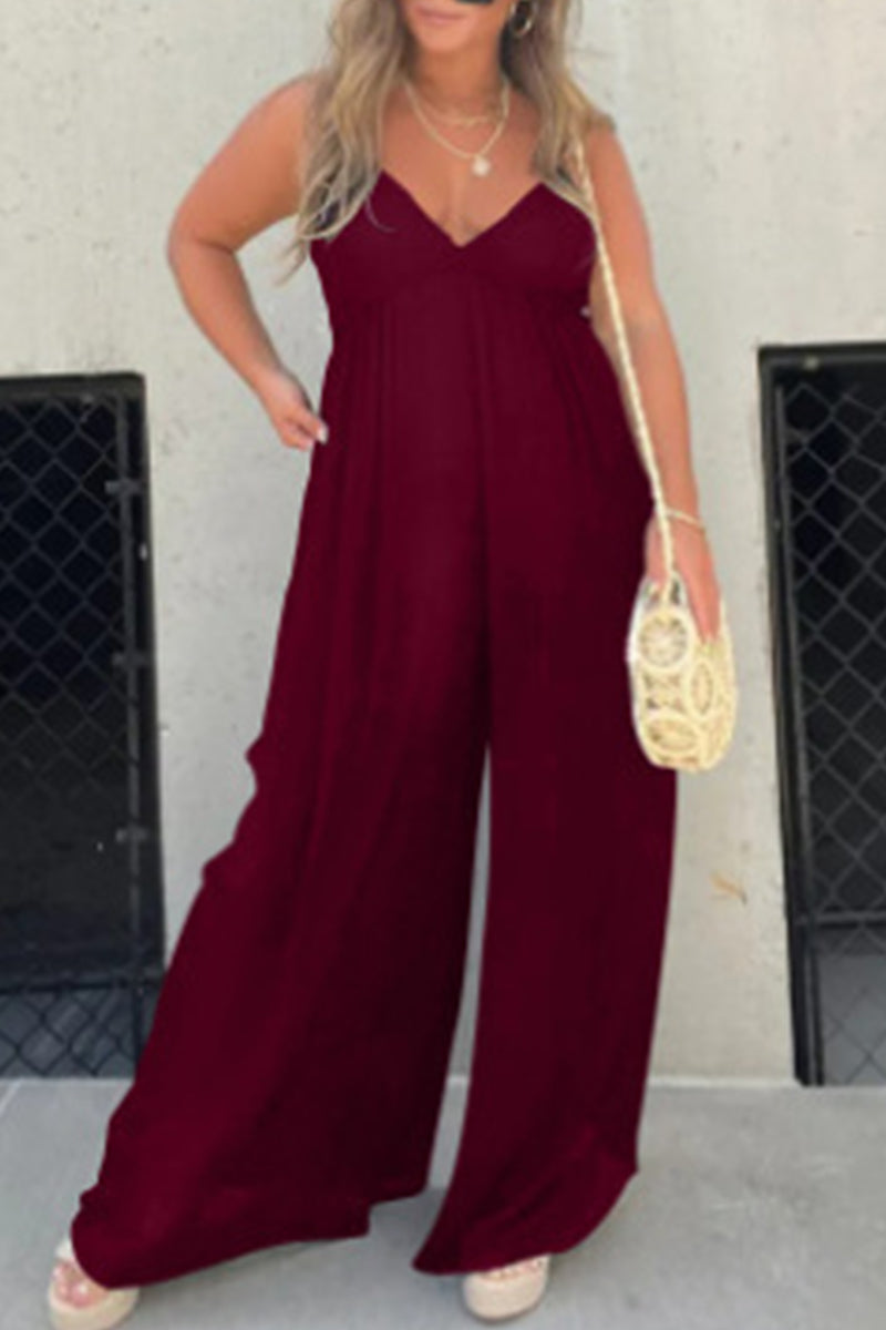 Lässige, einfarbige Jumpsuits mit plissiertem V-Ausschnitt (9 Farben)