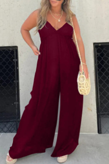 Lässige, einfarbige Jumpsuits mit plissiertem V-Ausschnitt (9 Farben)