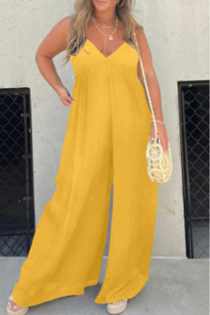 Lässige, einfarbige Jumpsuits mit plissiertem V-Ausschnitt (9 Farben)