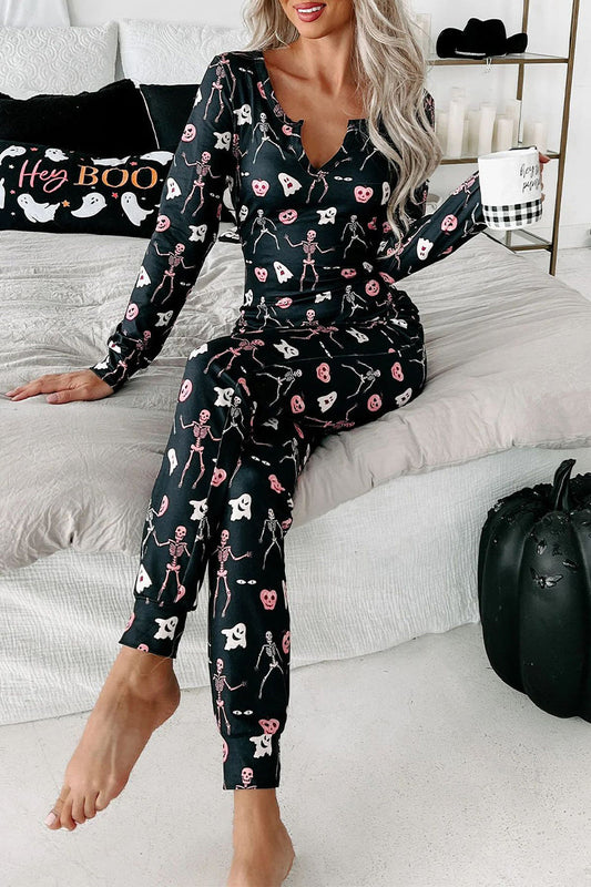 Casual Totenkopf-Print V-Ausschnitt Zweiteilige Hose mit langen Ärmeln