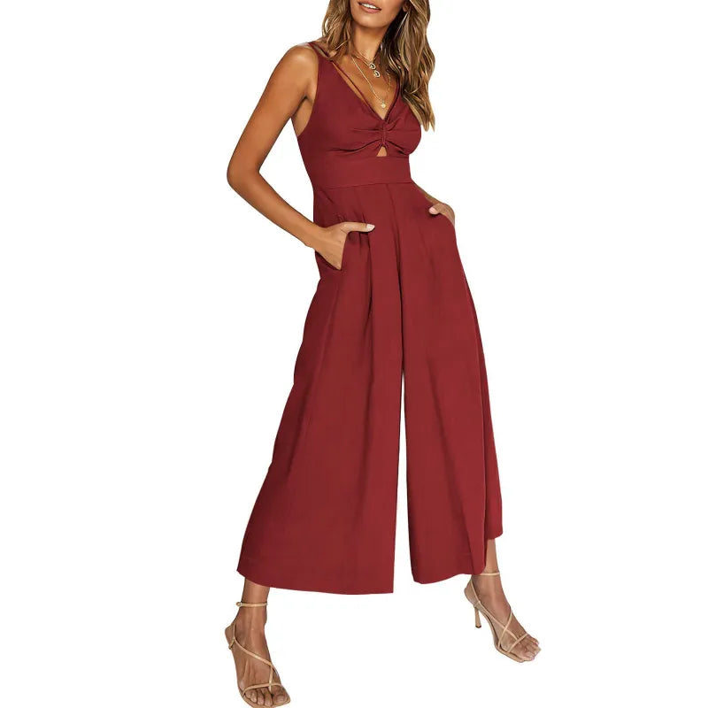2024 neuer Jumpsuit mit V-Ausschnitt und weitem Bein