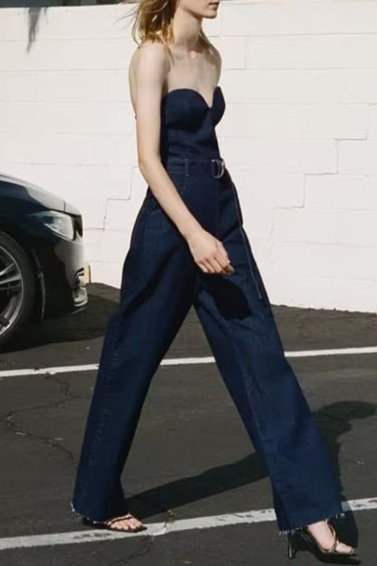 Lässige klobige Tasche mit trägerlosem Gürtel ärmellose Denim-Jumpsuits