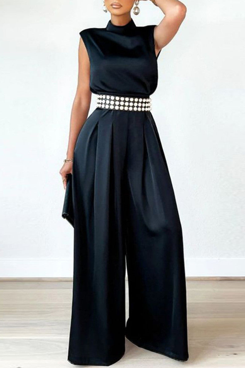 Casual Solid Patchwork Half A Turtleneck Regular Jumpsuits (ohne Gürtel) (3 Farben)
