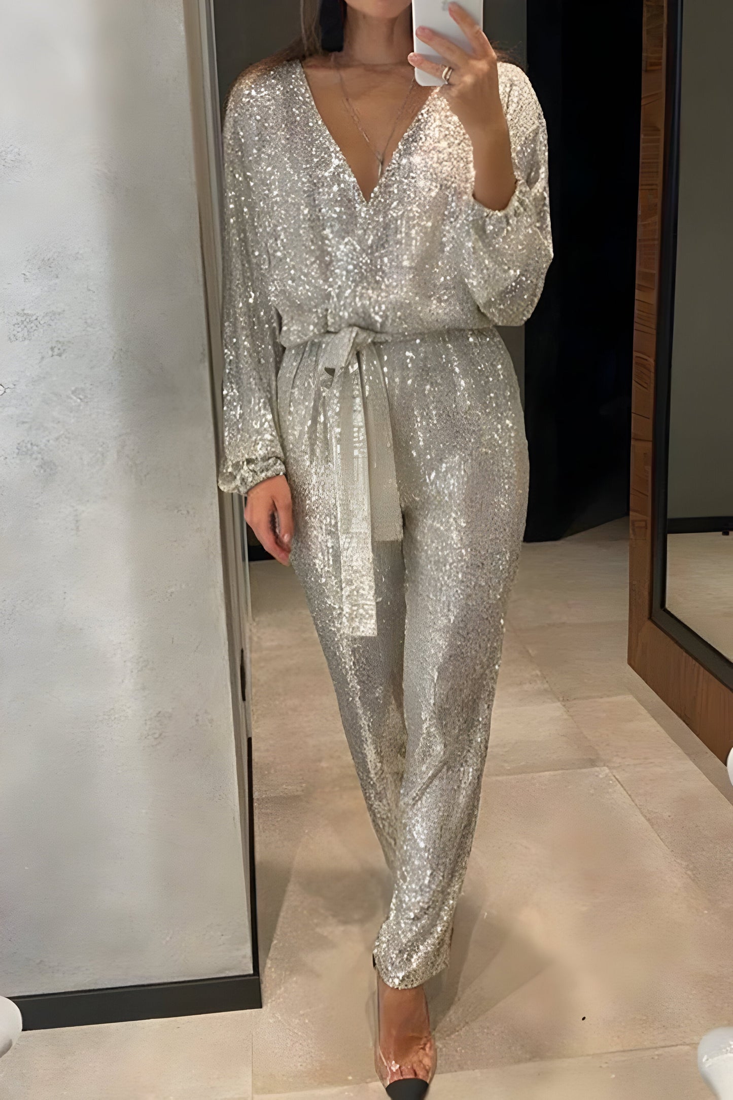 Rhylis | Pailletten Jumpsuit mit V-Ausschnitt für Frauen