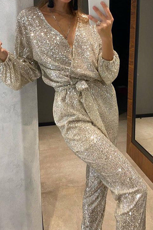 Casual British-Stil solide Bandage Pailletten Pailletten V-Ausschnitt regelmäßige Overalls