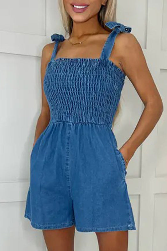 Solid ärmellose Quadratkragen locker sitzende Denim-Jumpsuit
