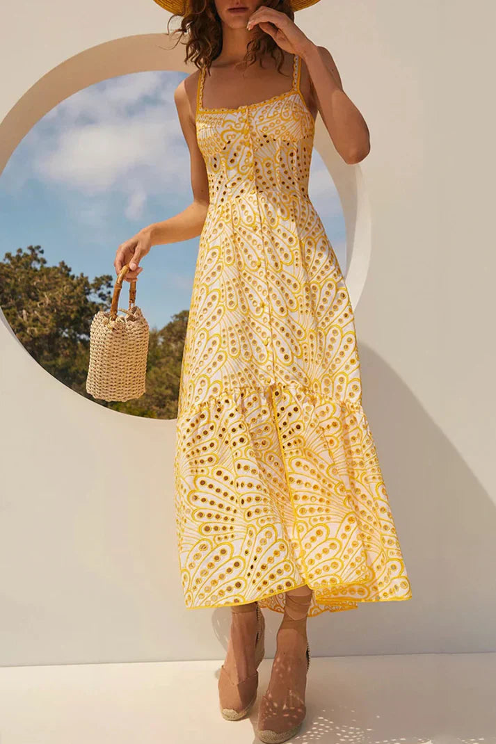 Arya - Süßes, elegantes, unifarbenes, ausgestelltes Patchwork Slingkleid mit quadratischem Ausschnitt