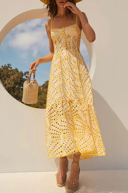 Arya - Süßes, elegantes, unifarbenes, ausgestelltes Patchwork Slingkleid mit quadratischem Ausschnitt