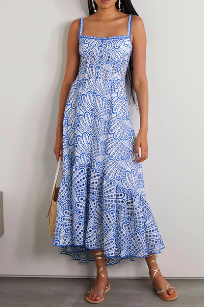 Arya - Süßes, elegantes, unifarbenes, ausgestelltes Patchwork Slingkleid mit quadratischem Ausschnitt
