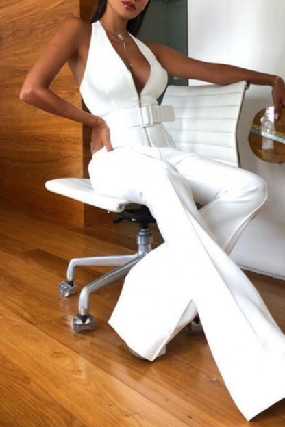 Casual Solide Rückenfrei mit Gürtel Halter Skinny Jumpsuits