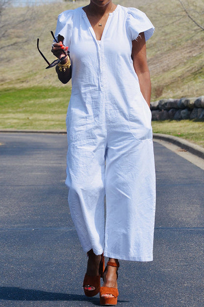 Casual Solide Patchwork Tasche V-Ausschnitt Regular Jumpsuits