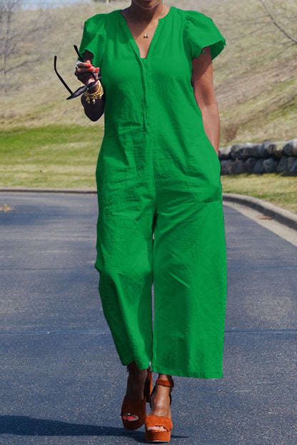 Casual Solide Patchwork Tasche V-Ausschnitt Regular Jumpsuits