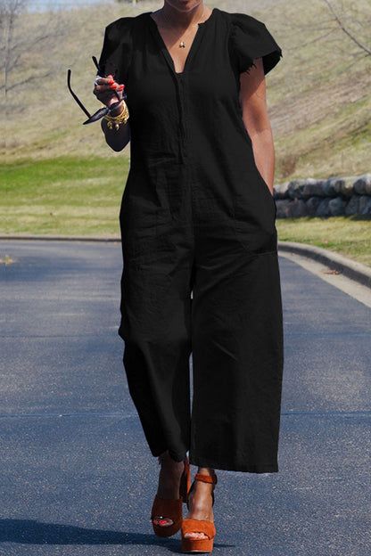 Casual Solide Patchwork Tasche V-Ausschnitt Regular Jumpsuits