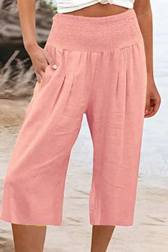 unifarbene, einfarbige Hose mit hoher Taille und weitem Bein, halblang
