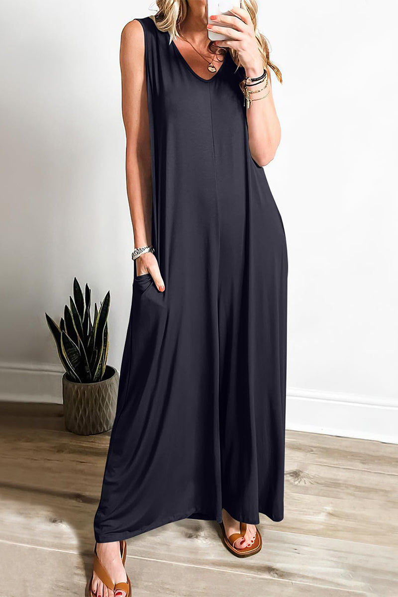 Simplicity Solid Pocket V-Ausschnitt Lose Jumpsuits