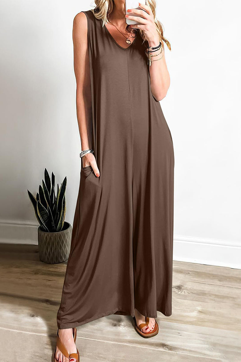 Simplicity Solid Pocket V-Ausschnitt Lose Jumpsuits