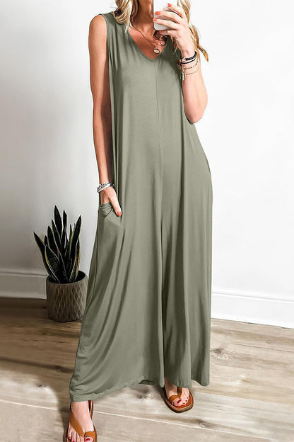 Simplicity Solid Pocket V-Ausschnitt Lose Jumpsuits