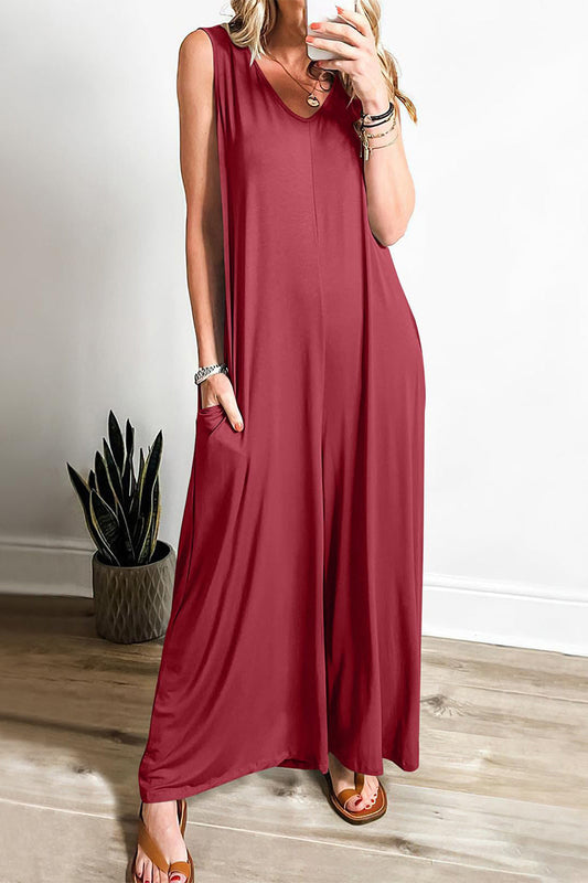 Simplicity Solid Pocket V-Ausschnitt Lose Jumpsuits