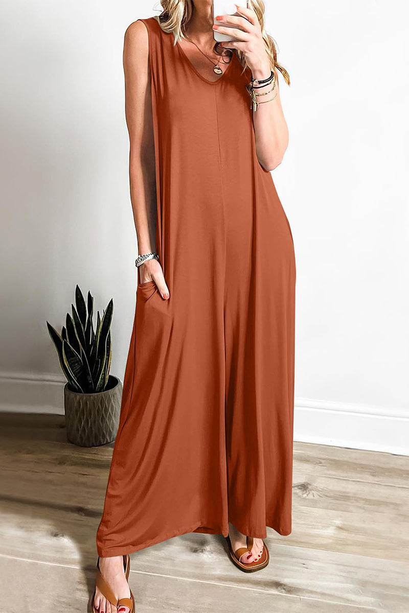 Simplicity Solid Pocket V-Ausschnitt Lose Jumpsuits