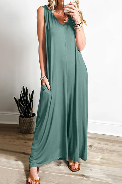 Simplicity Solid Pocket V-Ausschnitt Lose Jumpsuits