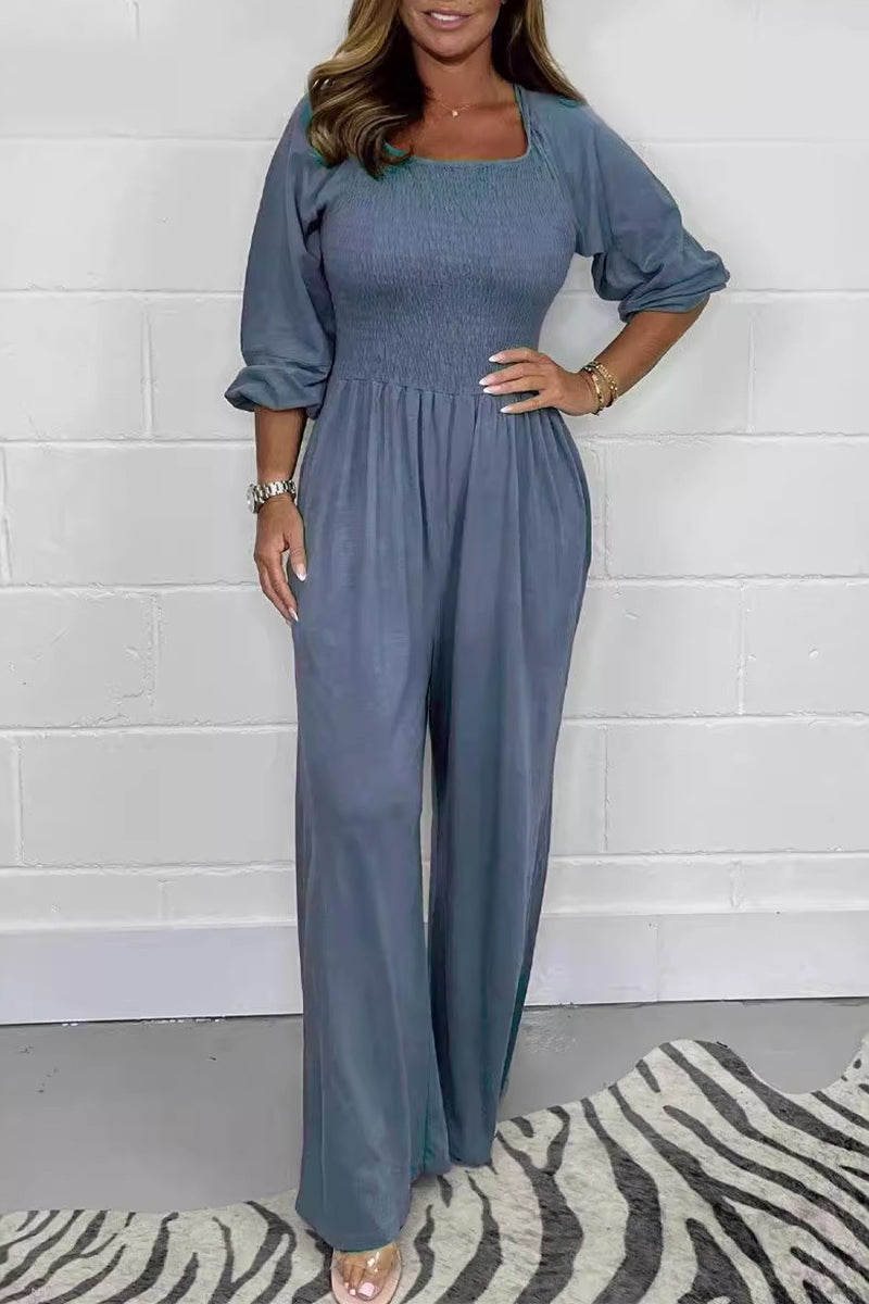 Lässige solide Falten Quadrat-Kragen lose Jumpsuits