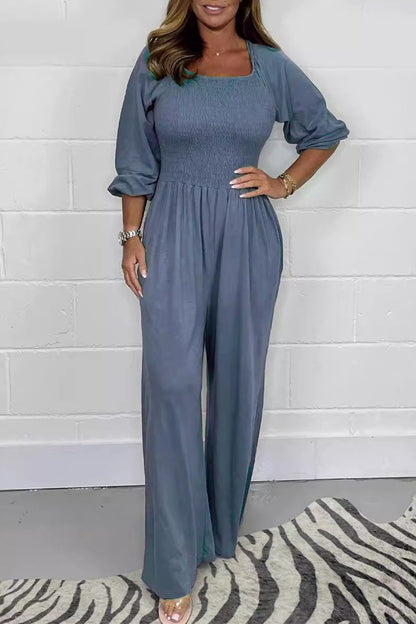 Lässige solide Falten Quadrat-Kragen lose Jumpsuits