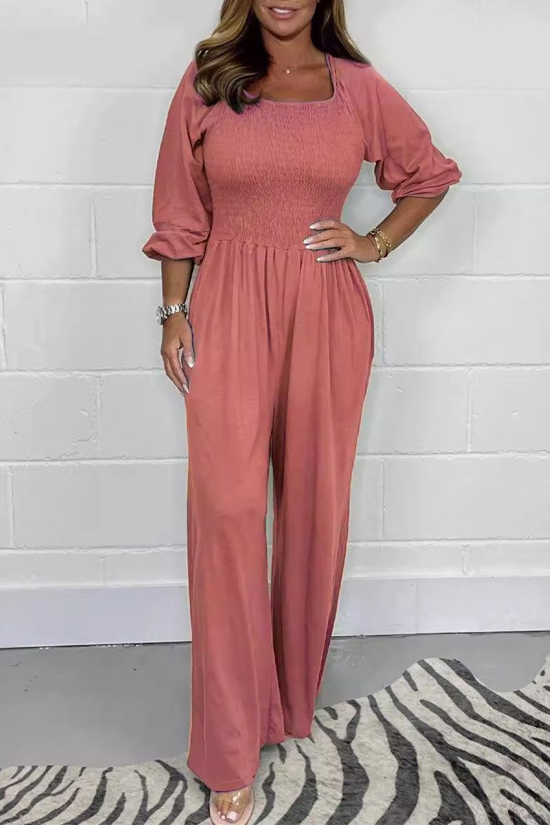Lässige solide Falten Quadrat-Kragen lose Jumpsuits
