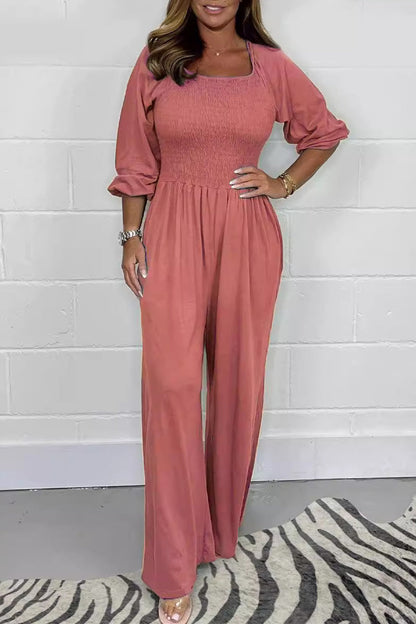 Lässige solide Falten Quadrat-Kragen lose Jumpsuits