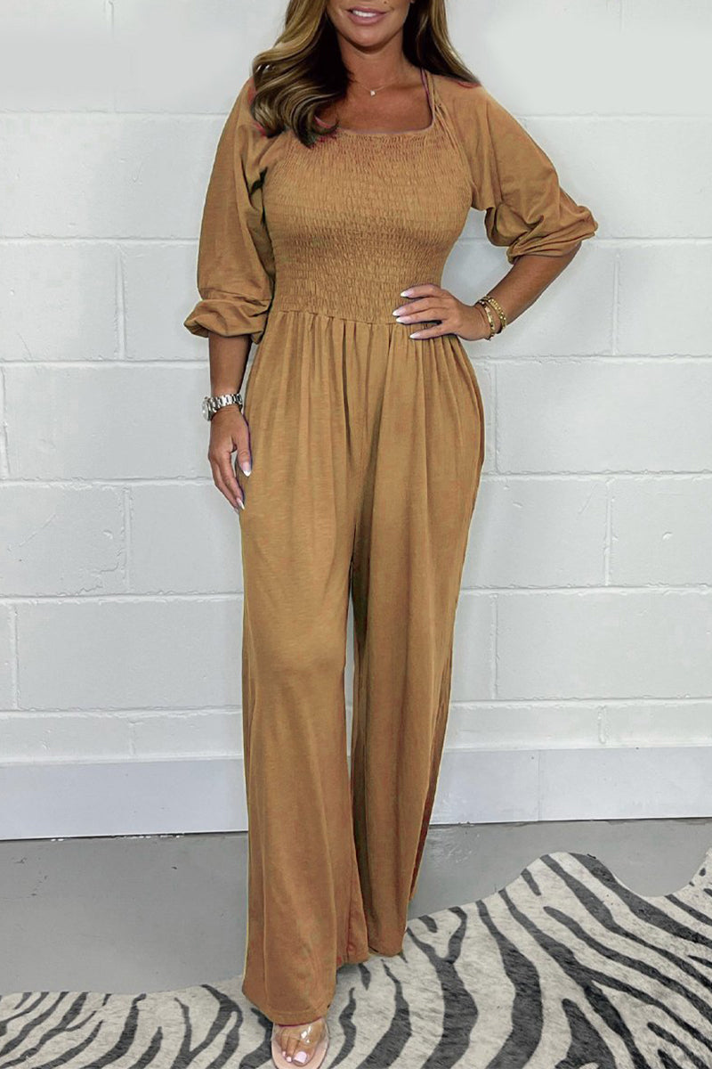 Lässige solide Falten Quadrat-Kragen lose Jumpsuits