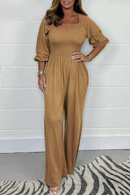 Lässige solide Falten Quadrat-Kragen lose Jumpsuits